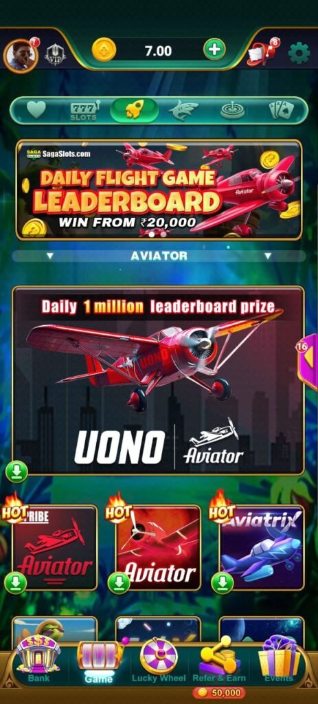 Inside view of Saga Slots Game dashboard and mini-games